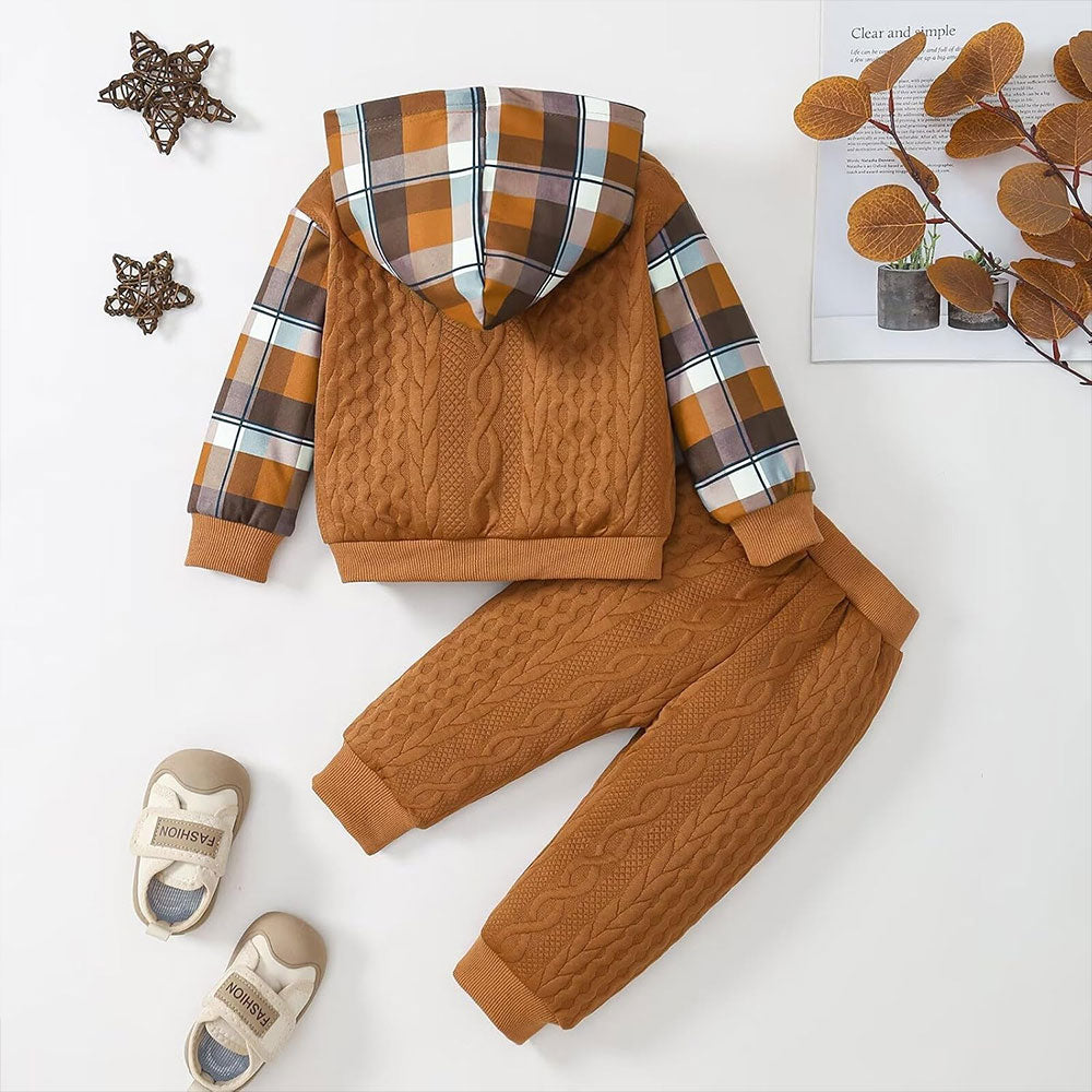 2PCS Stylish Plaid Printed Long Sleeve Cable Knit Hoodie Baby Set