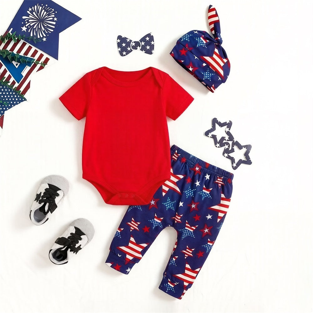 3PCS My 1st Fourth of July Letter Star Printed Short Sleeve Baby Set