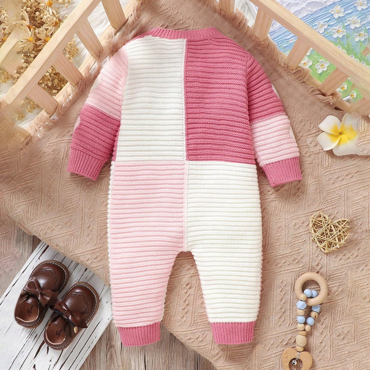 Sweet Heart Printed Knitted Warm Long Sleeve Baby Jumpsuit