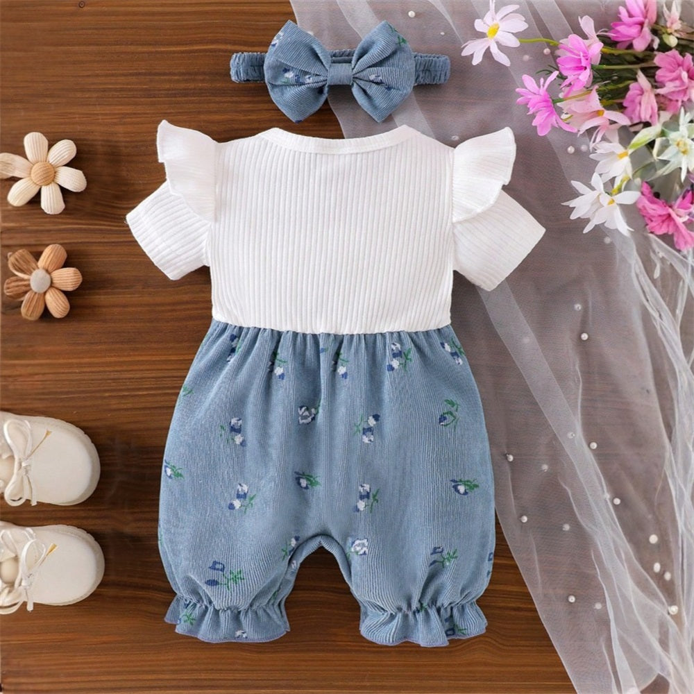 2PCS Causal Floral Printed Bow Short Sleeve Baby Jumpsuit