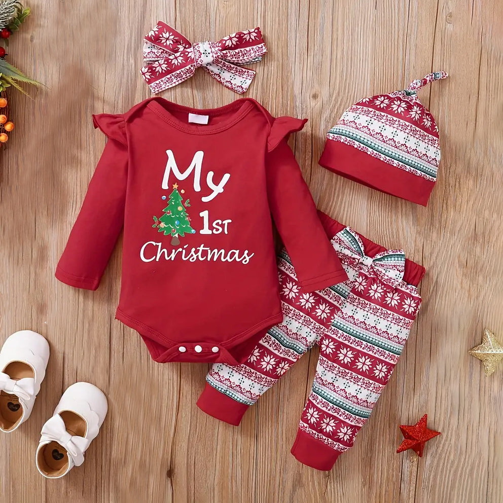 4PCS My 1st Christmas Letter and Pattern Printed Long Sleeve Baby Set