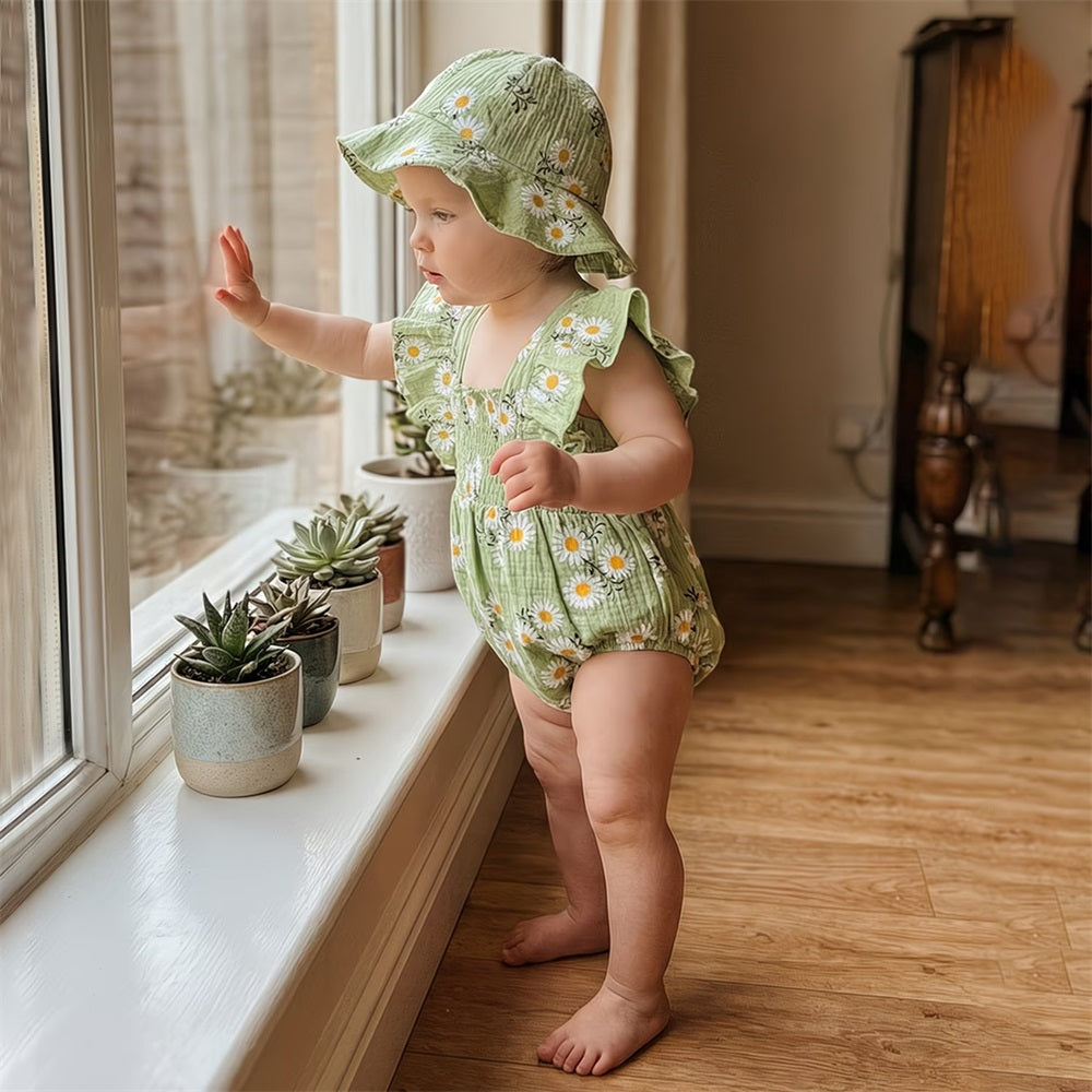 2PCS Cute Daisy Printed Fly Sleeve Baby Romper