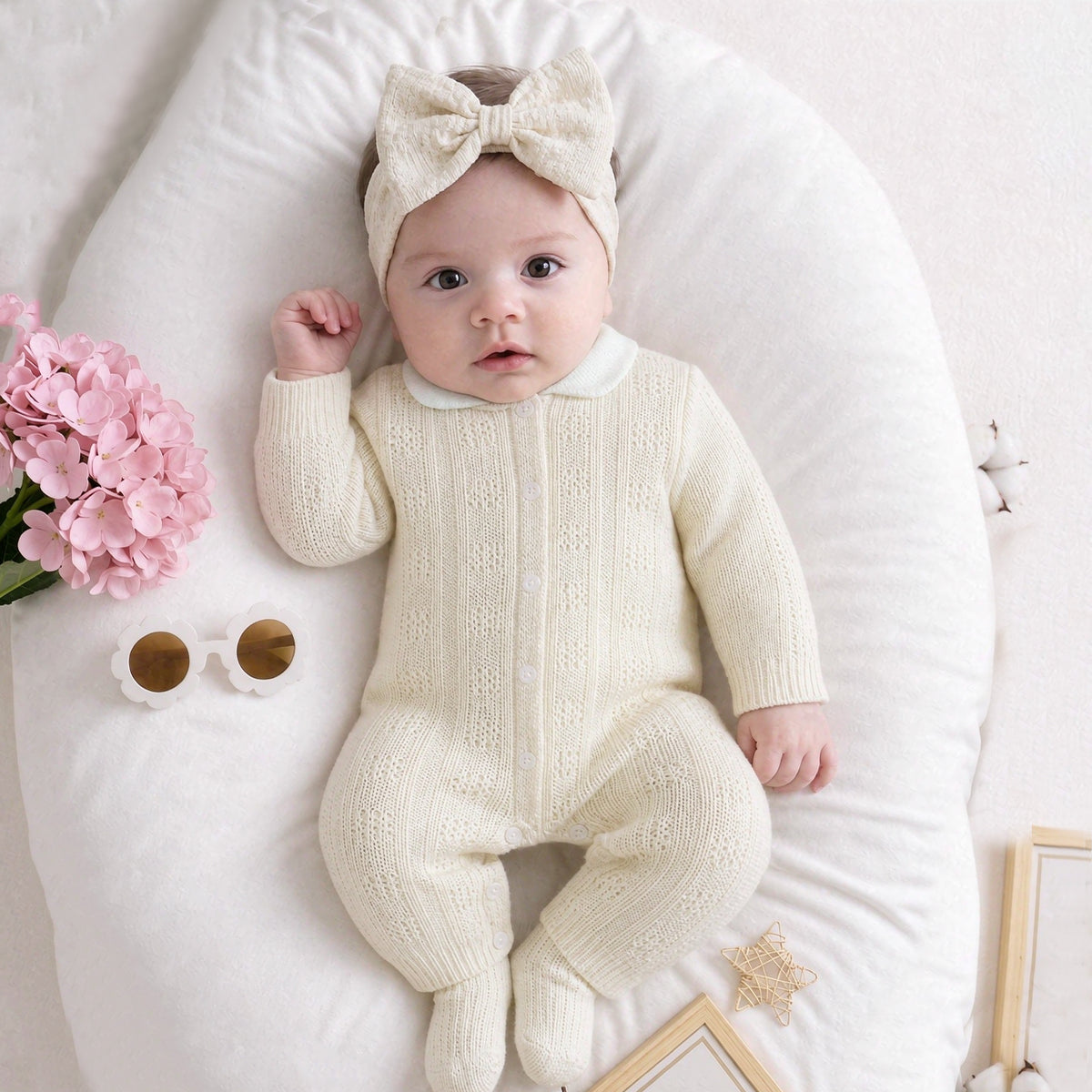 2PCS Casual Solid Color Knit Long Sleeve Baby Girl Jumpsuit
