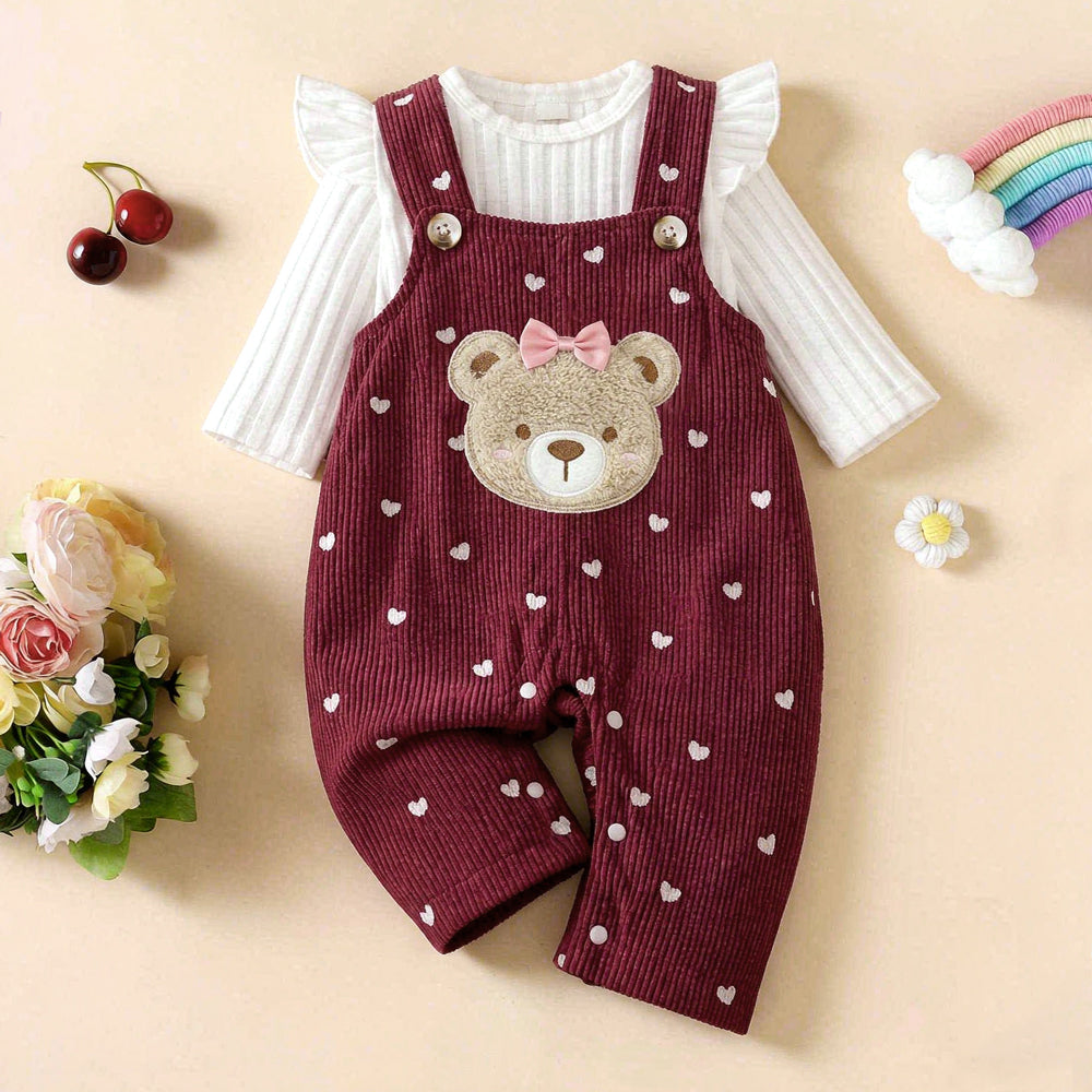 2PCS Bear Applique Heart Print Long Sleeve Corduroy Baby Overalls Set