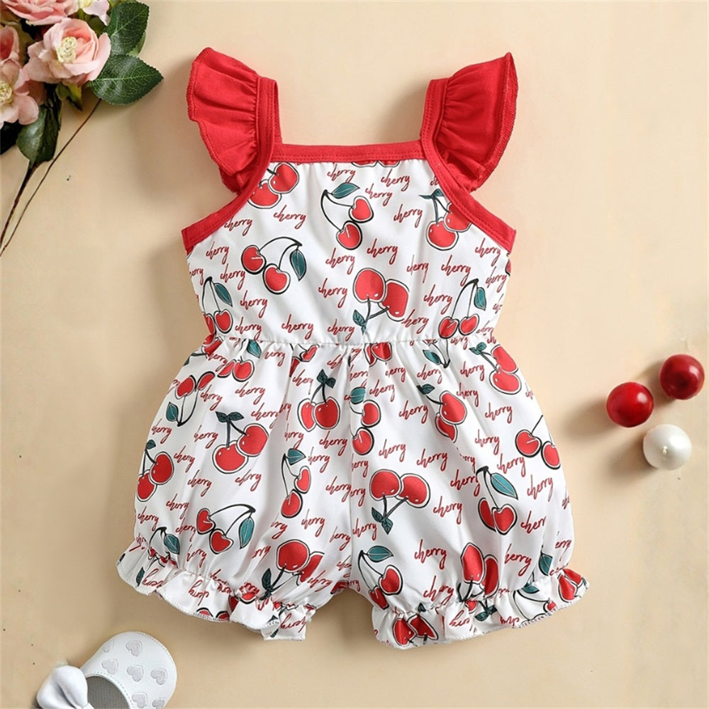 Cute Cherry Printed Bow Fly Sleeve Baby Jumpsuit