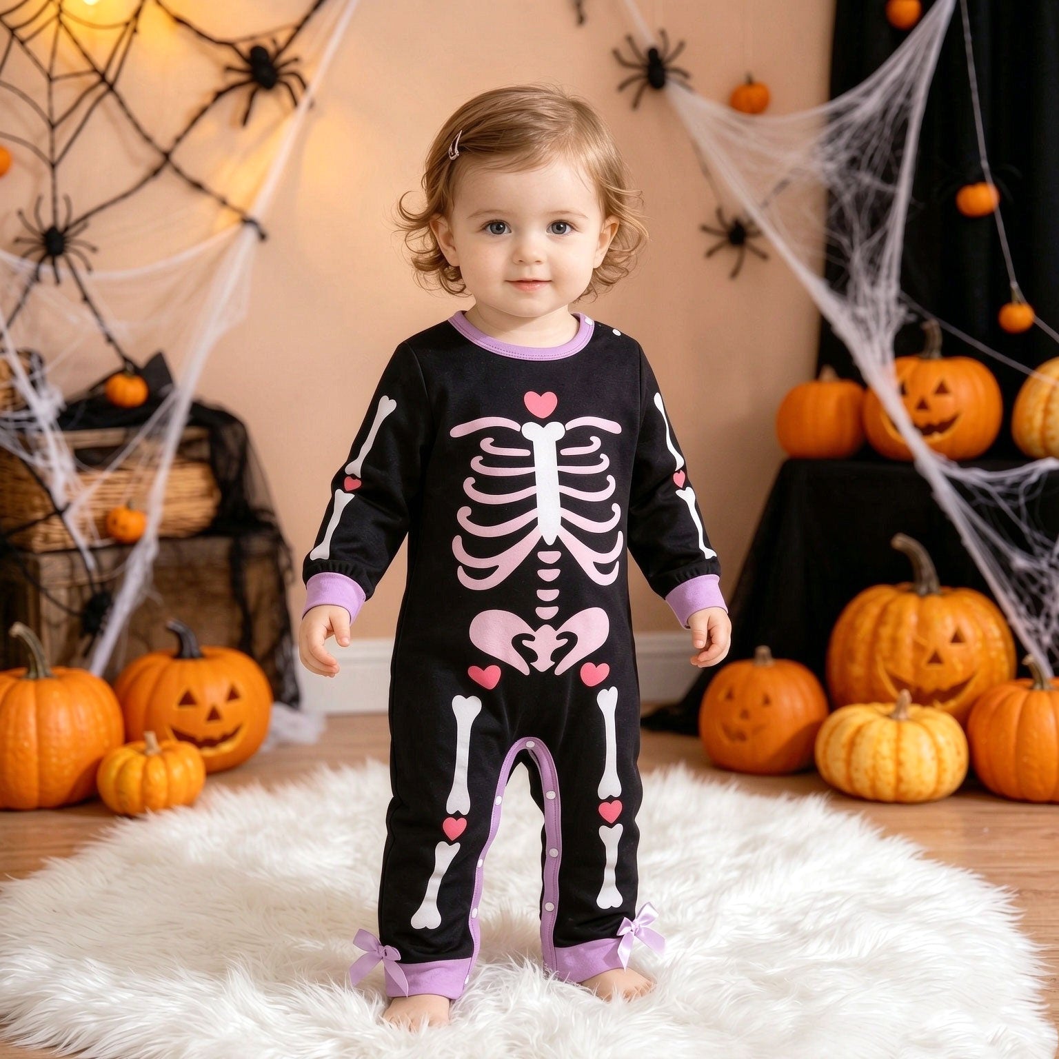 Cute Halloween Cartoon Skeleton Print Long Sleeve Baby Jumpsuit