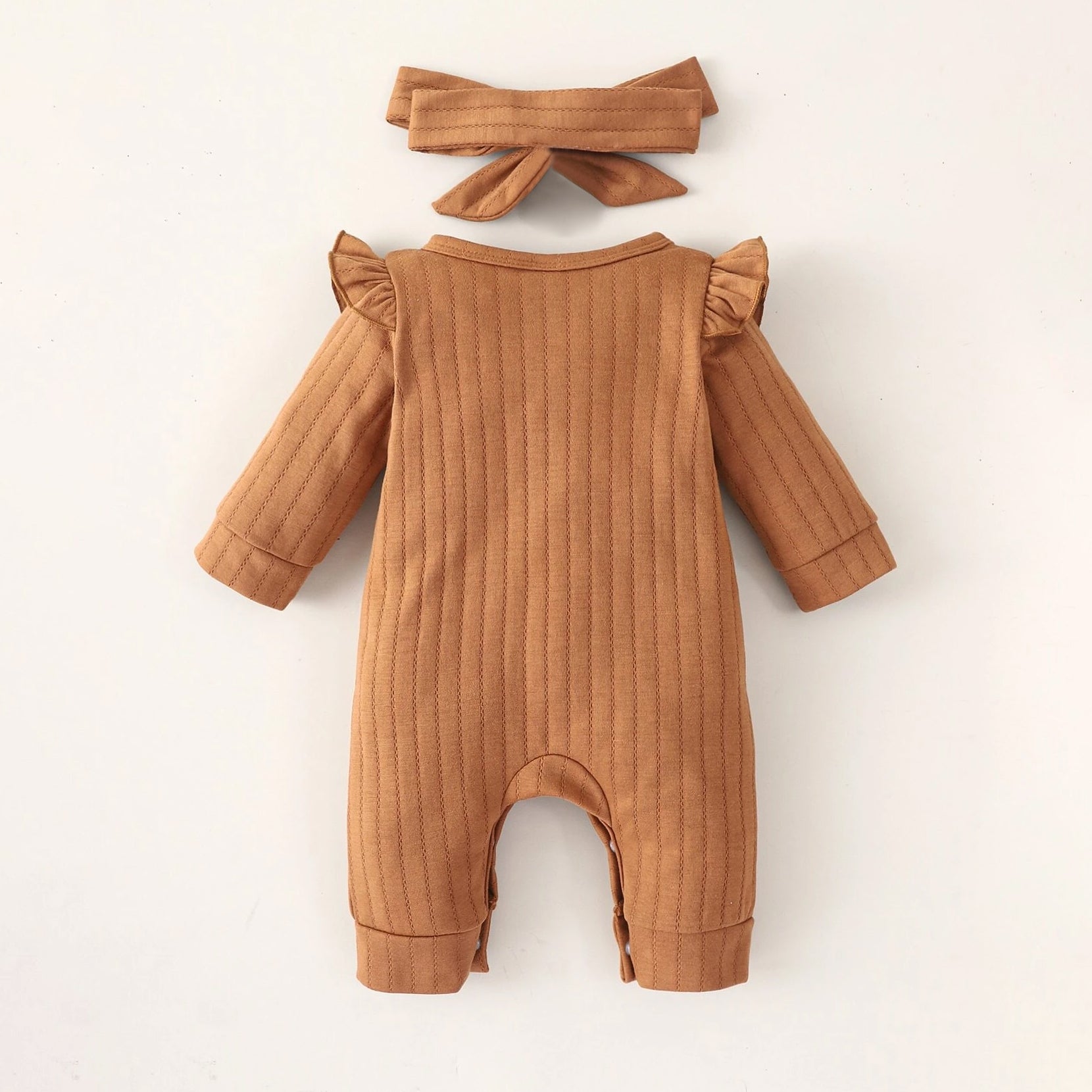 2PCS Solid Color Ribbed Ruffled Long Sleeve Baby Jumpsuit