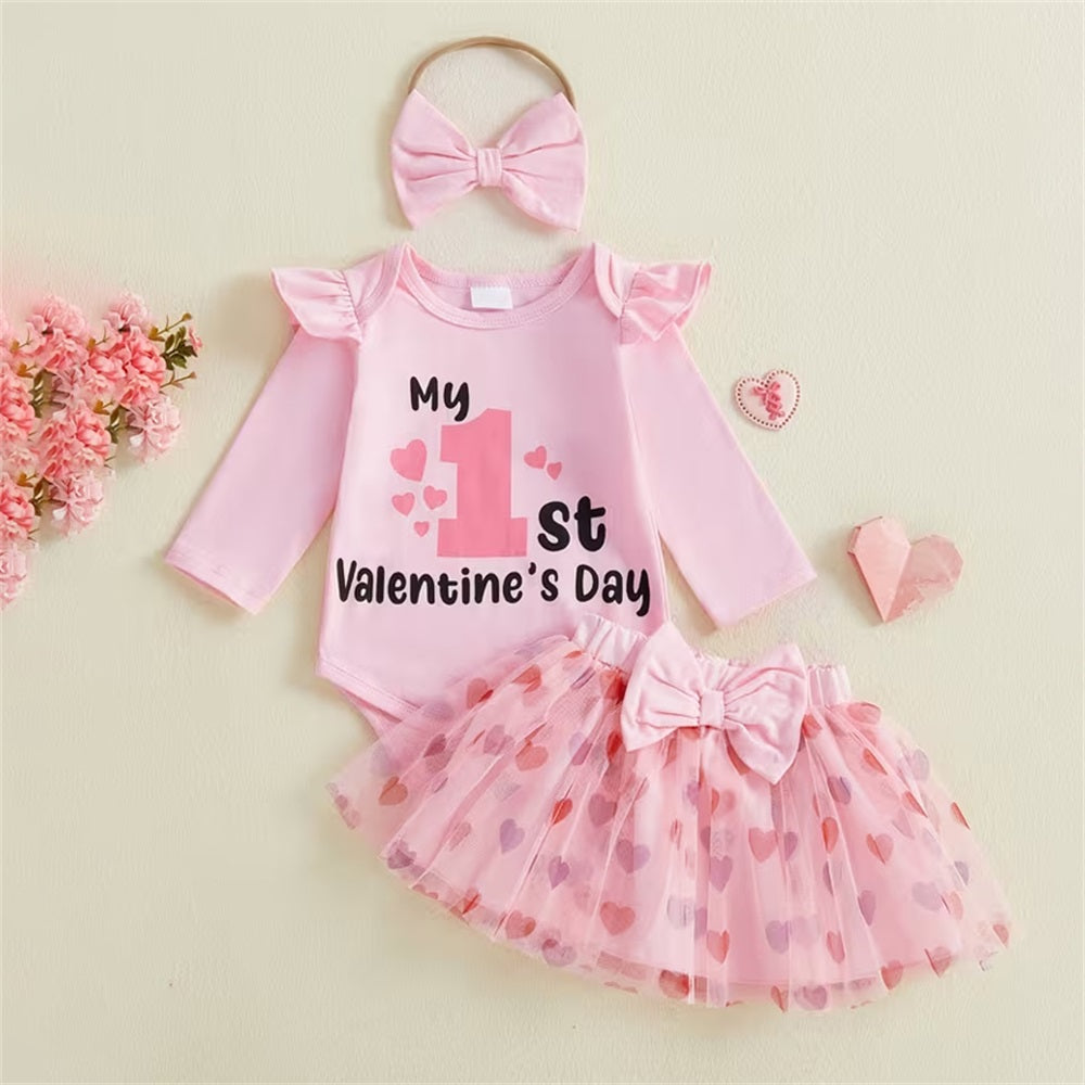 3PCS My 1st Valentine's Day Letter Heart Print Baby Set