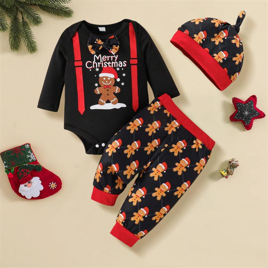 3PCS Merry Christmas Letter Gingerbread Print Baby Set
