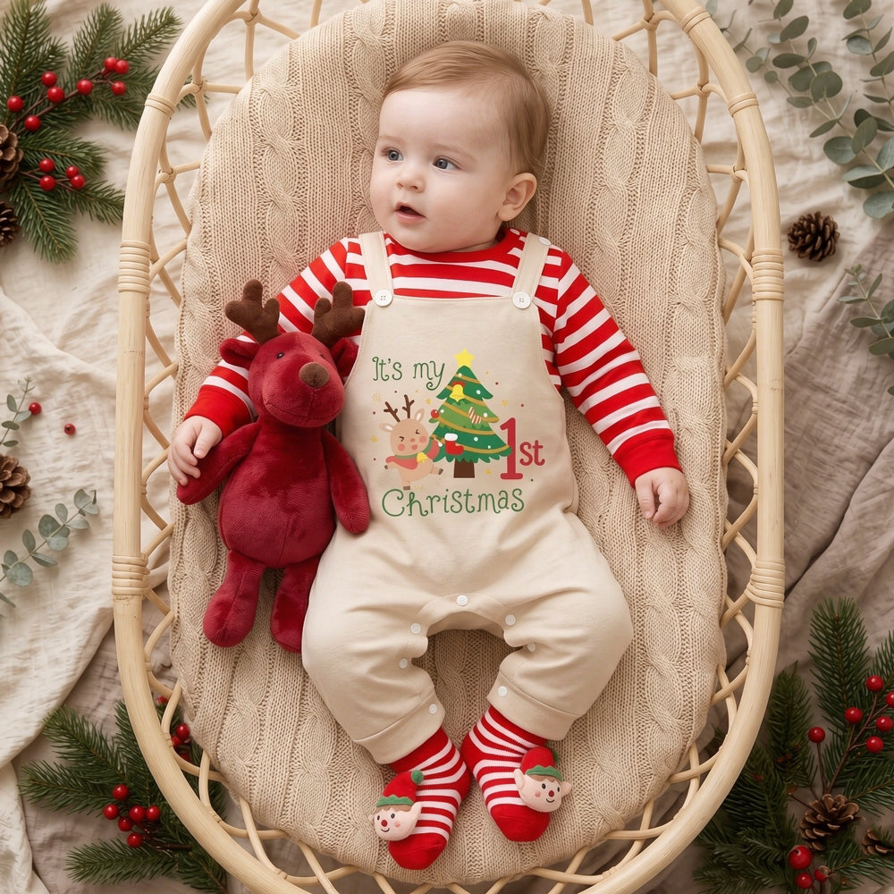My 1st Christmas Letter Reindeer Stripe Print Faux Layering Baby Jumpsuit