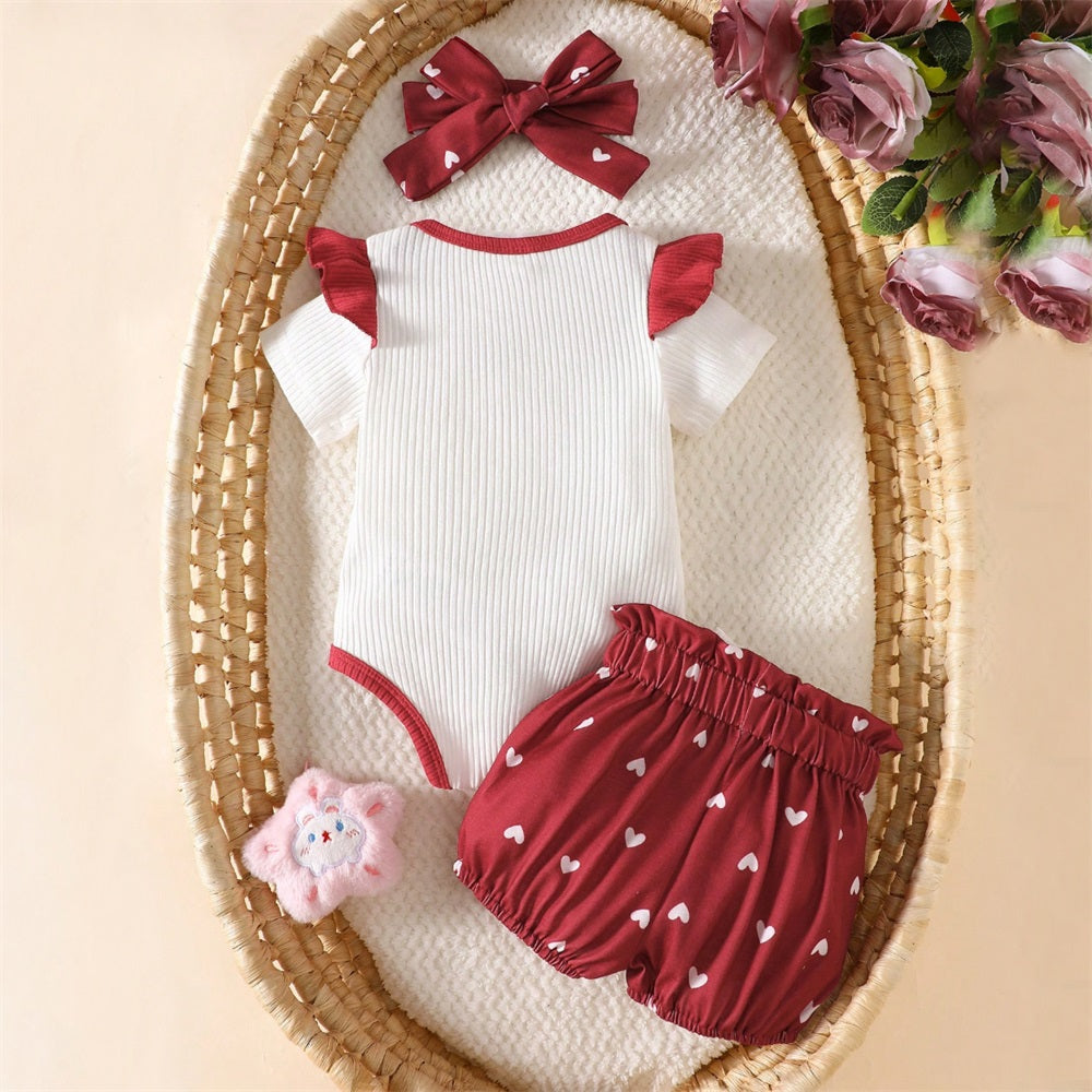 3PCS Mommy's Girl Letter Embroidery Heart Printed Short Sleeve Baby Set