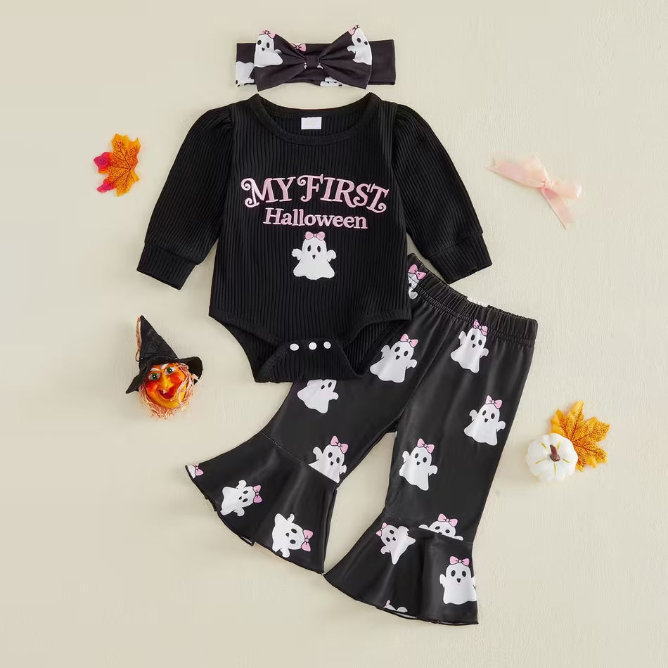 3PCS My First Halloween Letter Ghost Print Long Sleeve Baby Set