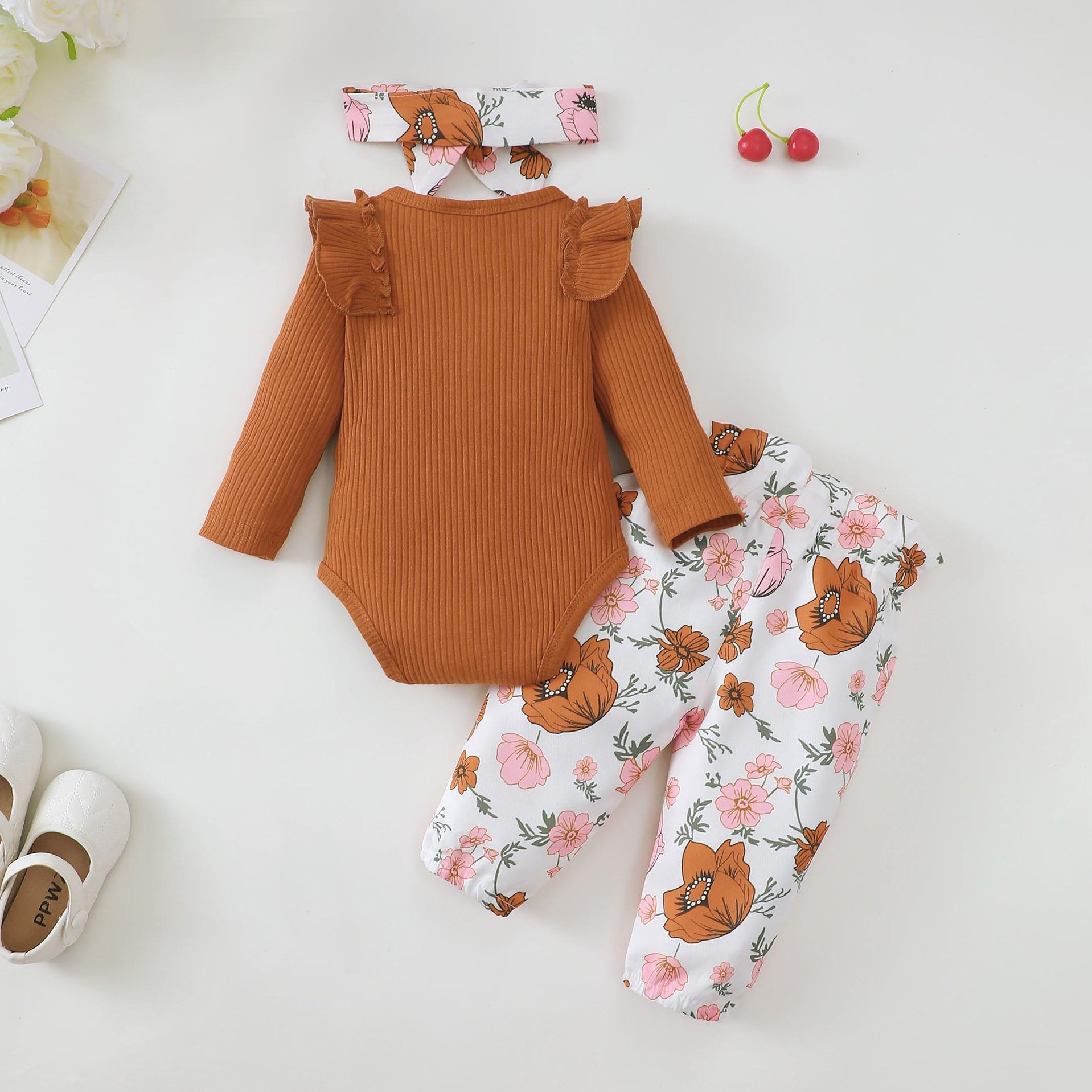 3PCS Graceful Floral Printed Long Sleeve Baby Set