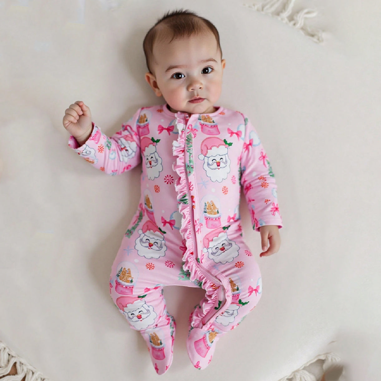 Christmas Santa Claus Printed Ruffles Zipper Baby Jumpsuit