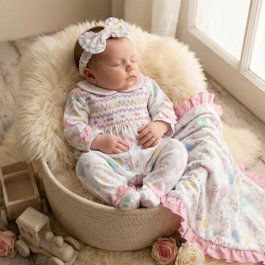 2PCS Lovely Teddy Bear & Balloon Print Long Sleeve Baby Jumpsuit