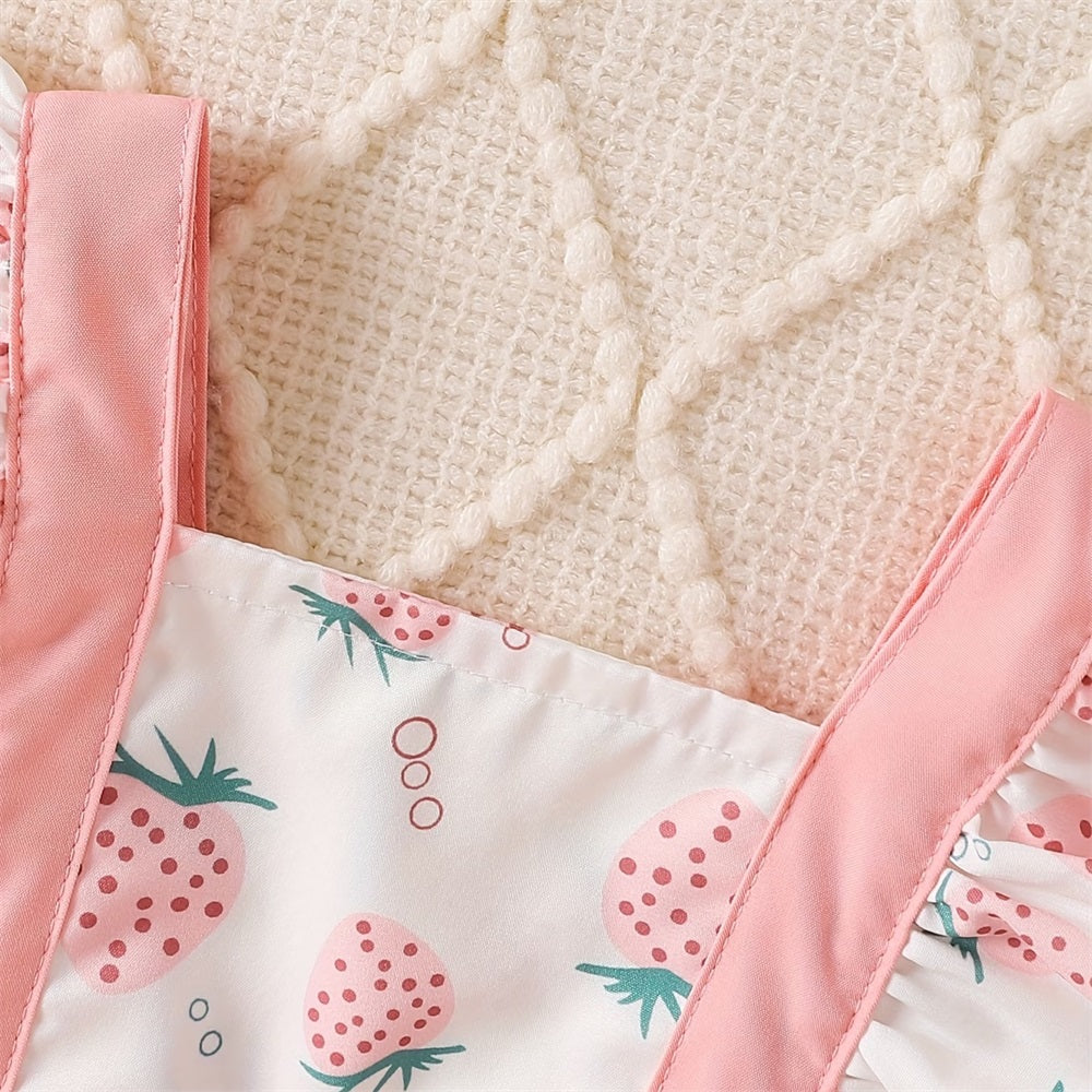 2PCS Sweet Strawberry Printed  Sleeveless Baby Romper