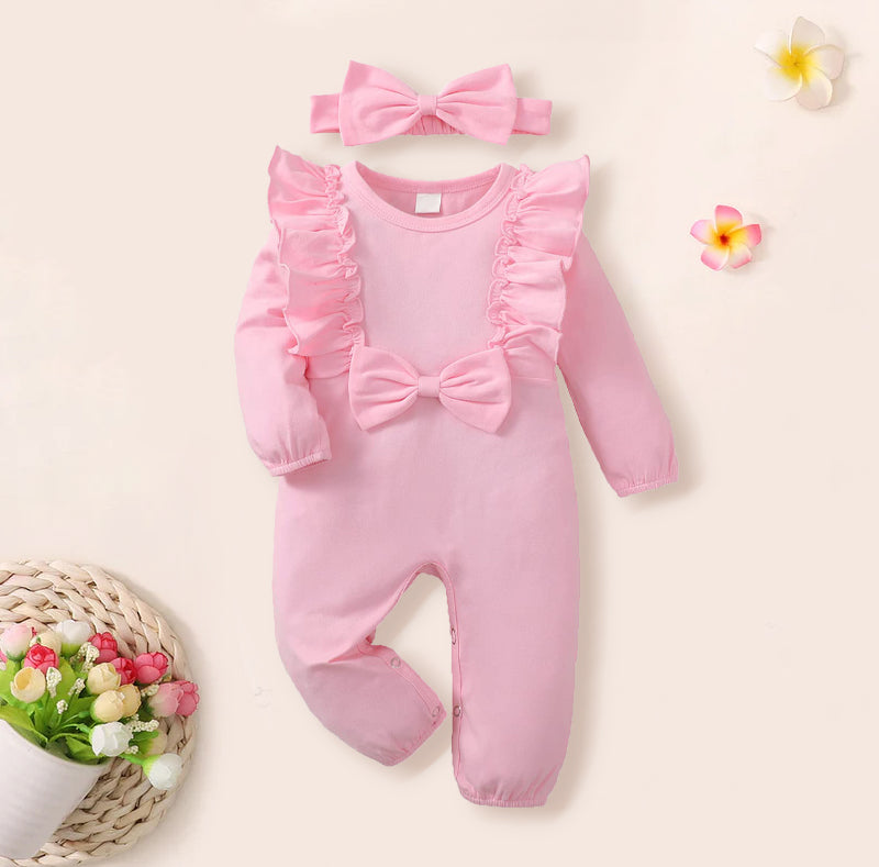 2PCS Lovely Solid Color Long Sleeve Ruffle Baby Jumpsuit