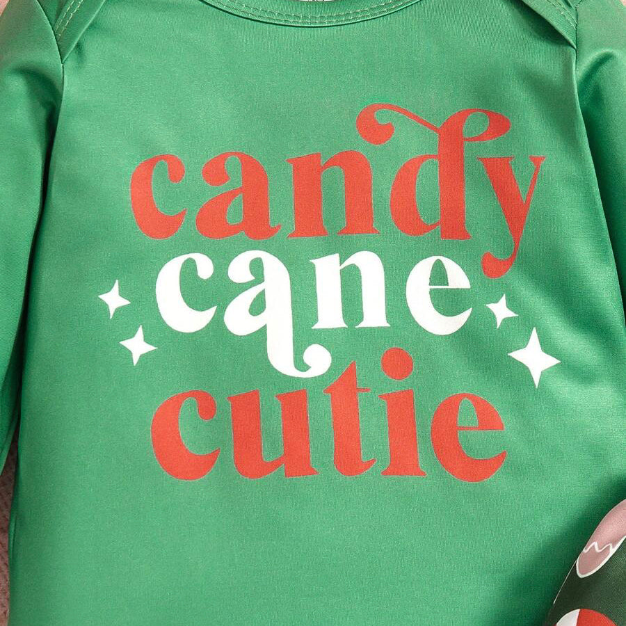 3PCS Candy Cane Cutie Letter Christmas Gingerbread Printed Baby Set