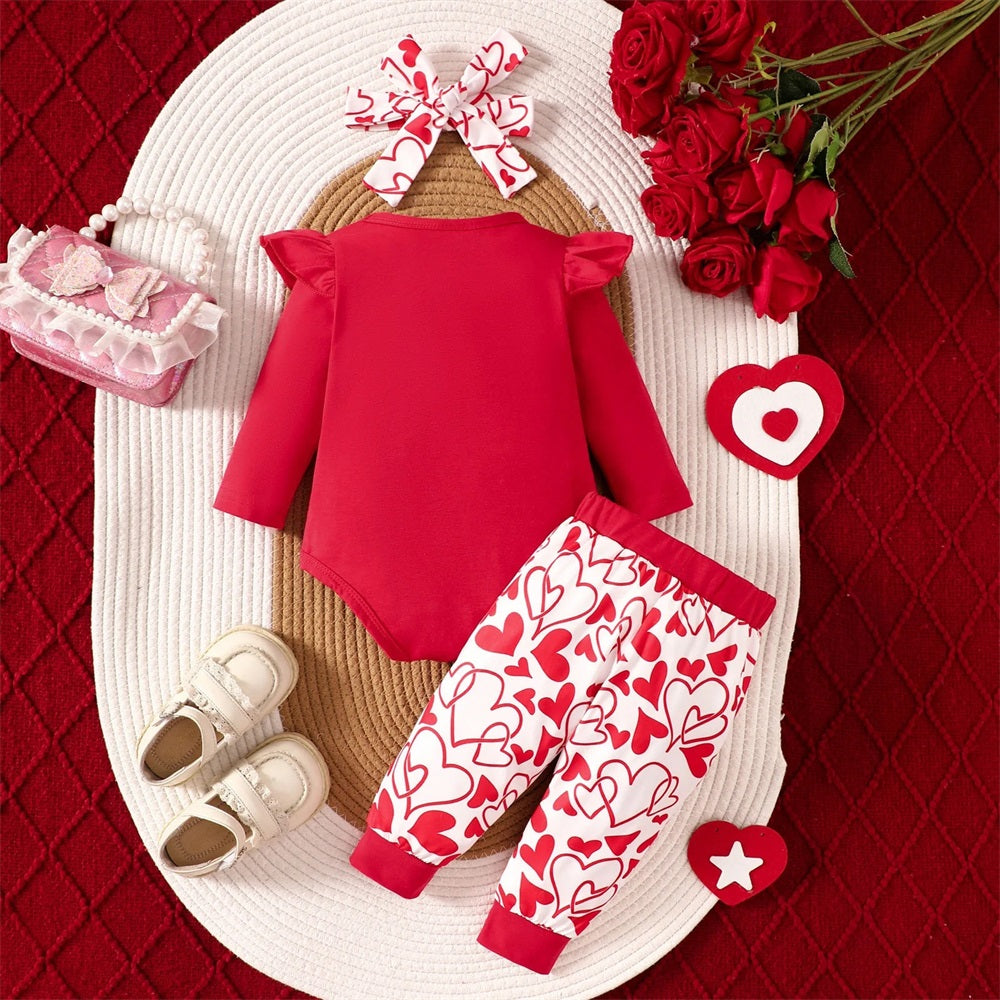 3PCS Heart Print Long Sleeve Baby Set