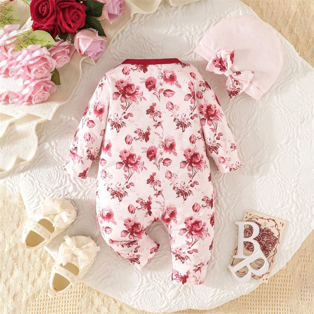 2PCS Comfy Floral Printed Long Sleeve Baby Girl Jumpsuit