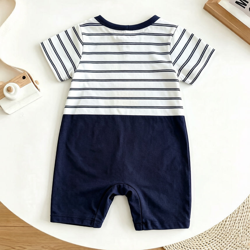 Casual Bear Stripe Printed Short Sleeve Baby Jumpsuit