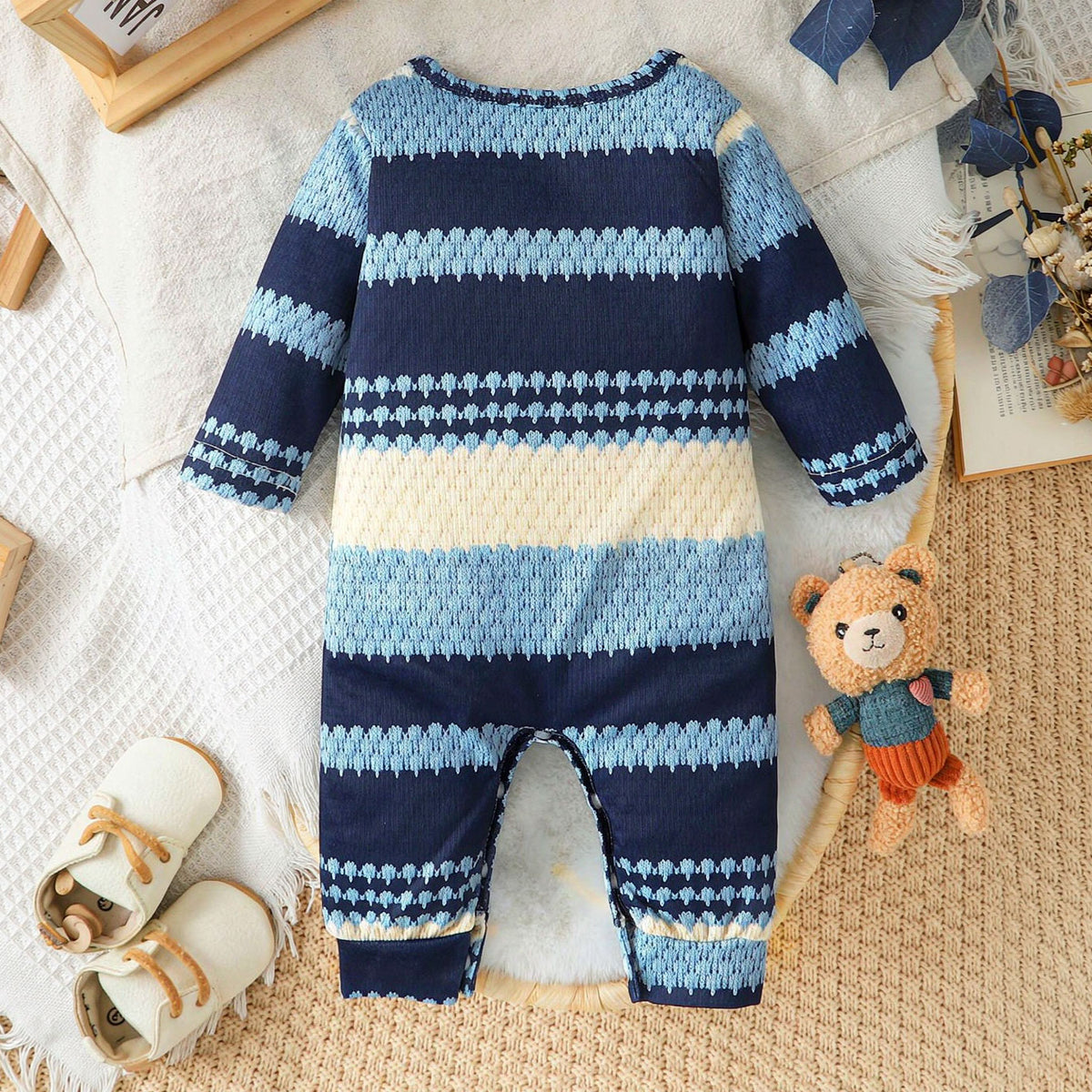 Faux Knit Textured Striped Sawtooth Printed Long Sleeve Baby Jumpsuit