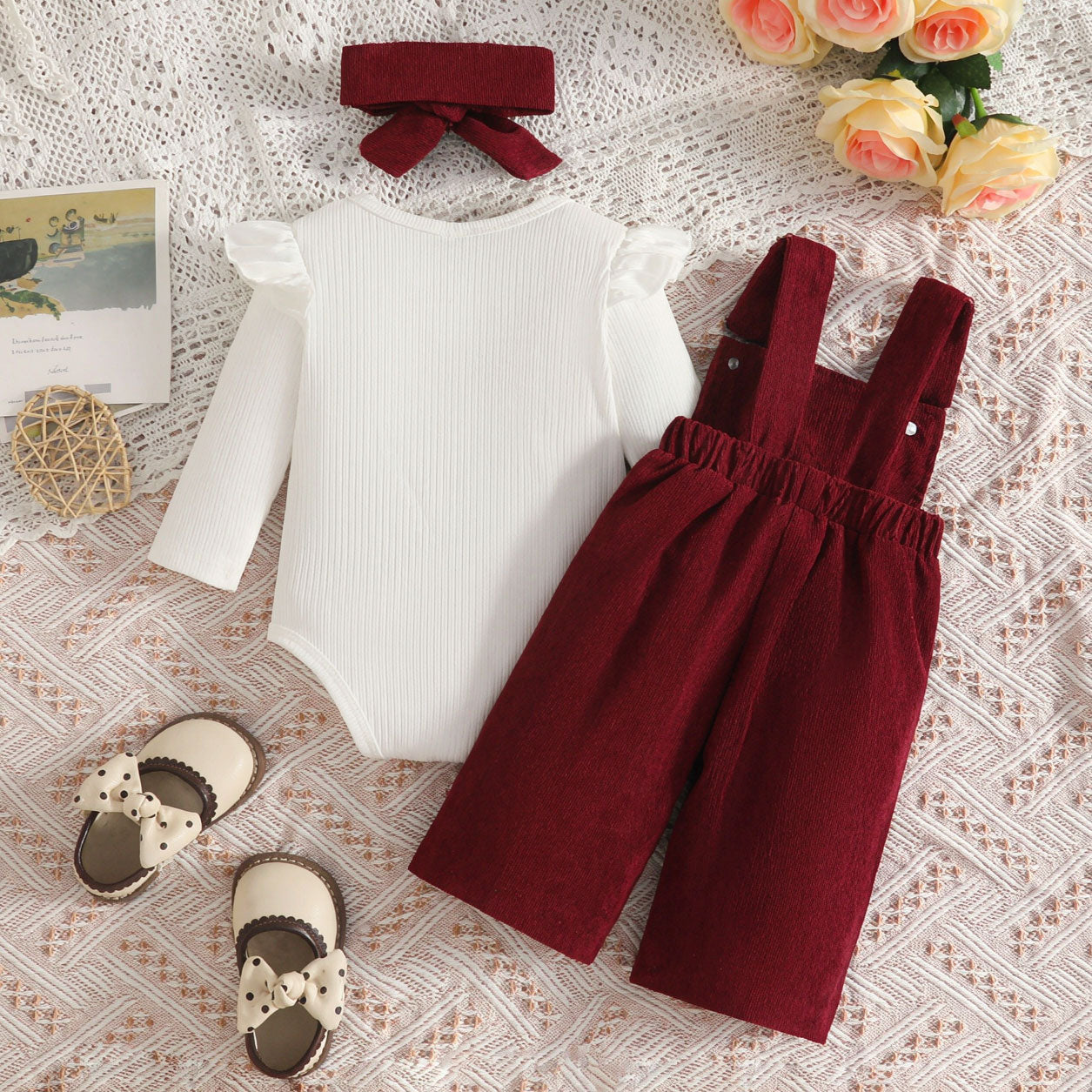 3PCS Grace Bow Embroidery Long Sleeve Baby Overalls Set