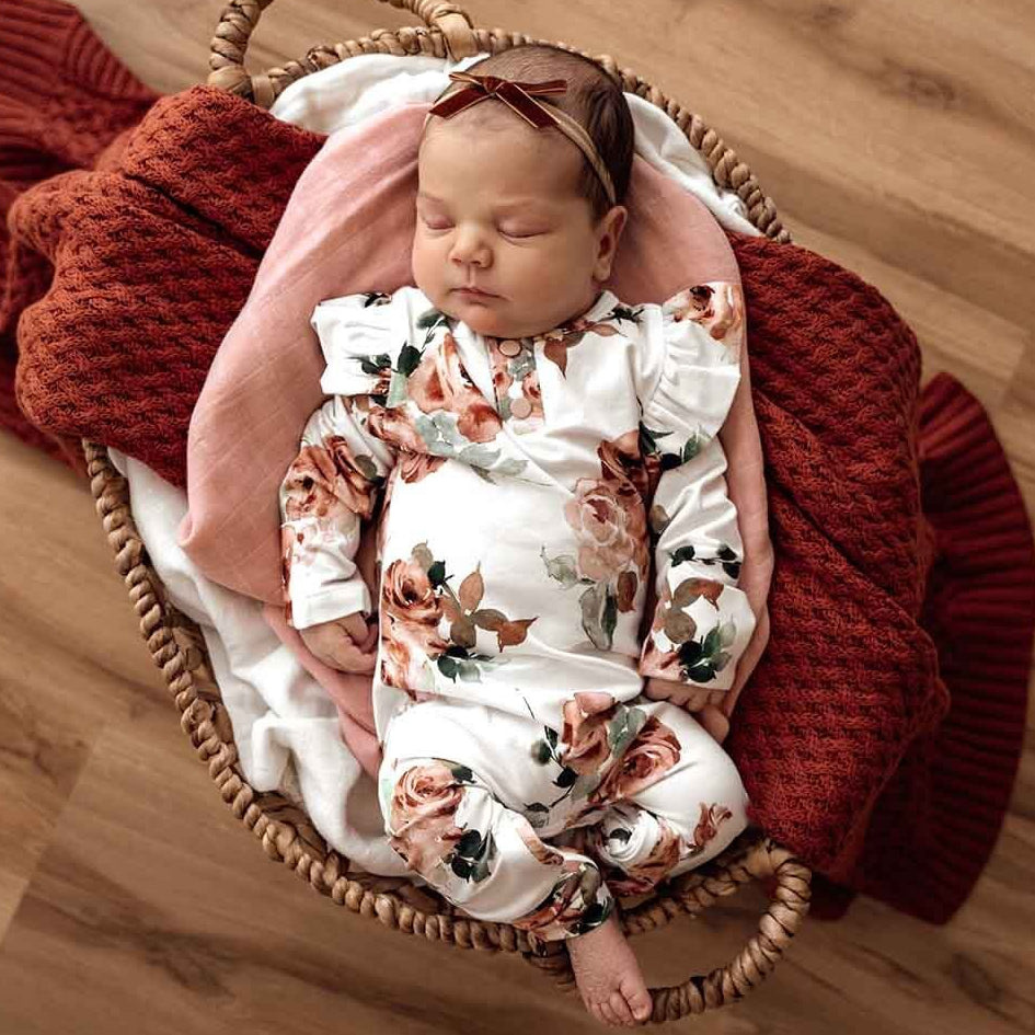 Cute Floral Printed Long Sleeve Ruffled Baby Jumpsuit