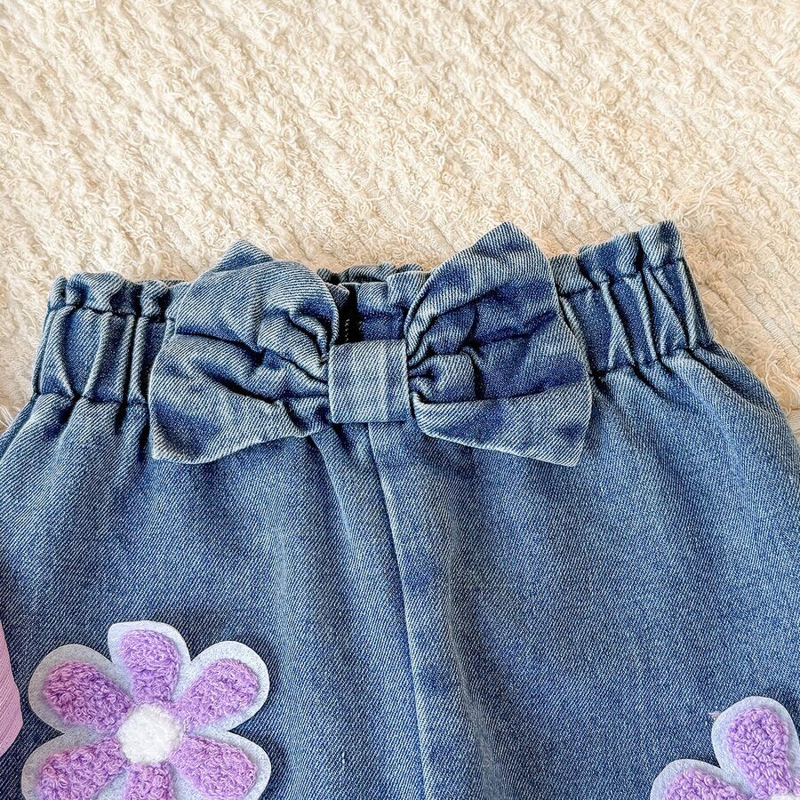 2PCS Pretty Floral Applique Long Sleeve Baby Girl Denim Set