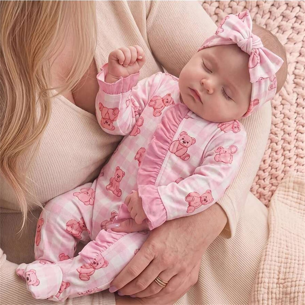 2PCS Lovely Bear Plaid Print Ruffle Zipper Baby Jumpsuit