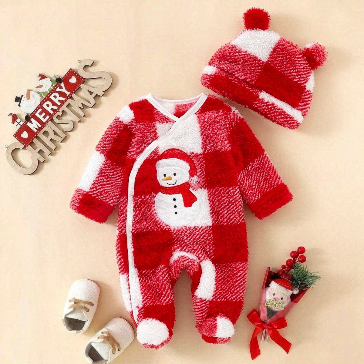 2PCS Lovely Santa Applique Plaid Print Fleece Long Sleeve Baby Jumpsuit