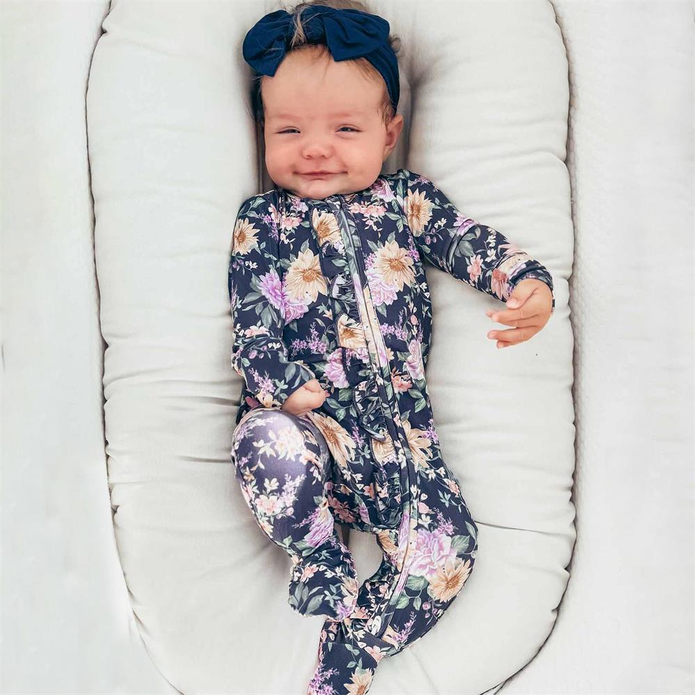 Trend Floral Printed Ruffle Zipper Long Sleeve Baby Jumpsuit