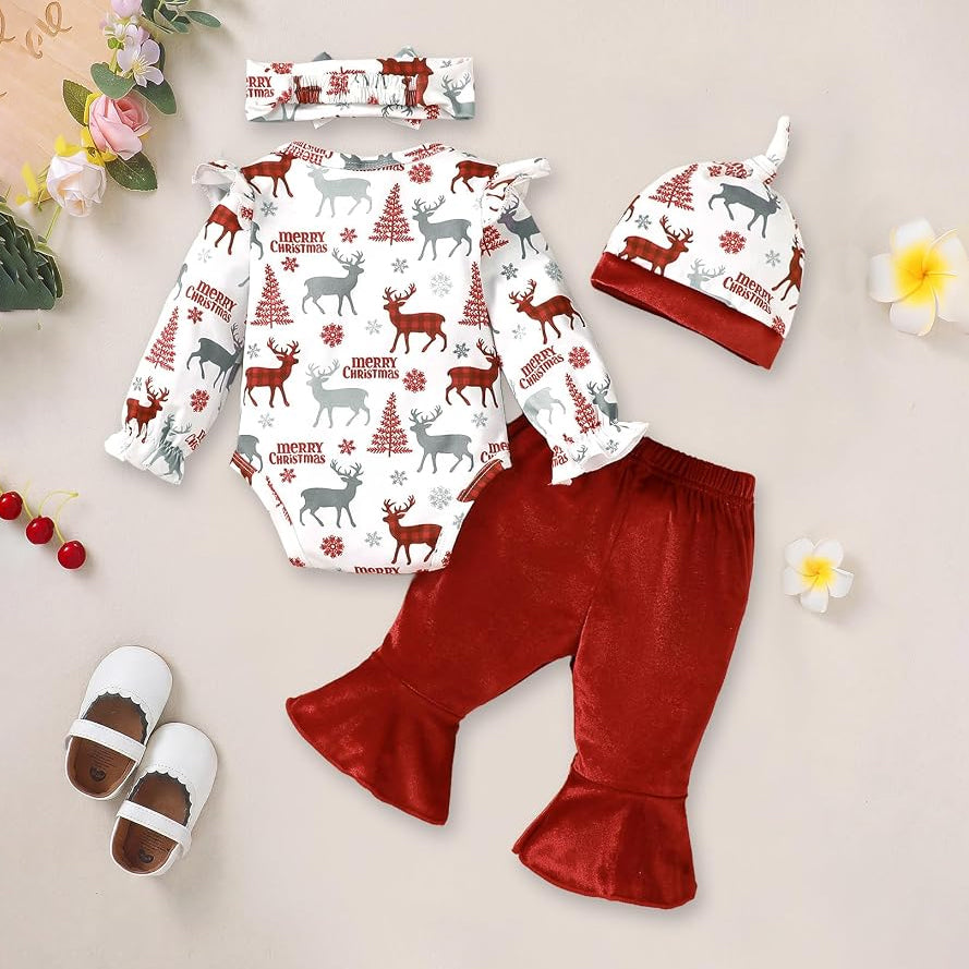4PCS Sweet Merry Christmas Letter Reindeer Print Long Sleeve Baby Girl Velvet Set