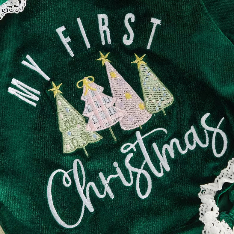 2PCS Chic My 1st Christmas Letter Tree Embroidered Baby Girl Velvet Romper