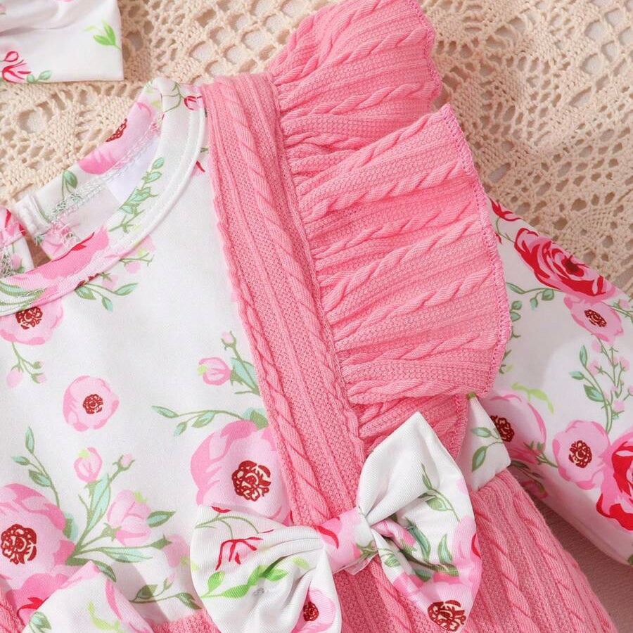 2PCS Sweet Floral Printed Ruffle Bowknot Long Sleeve Baby Jumpsuit