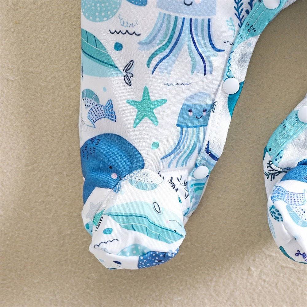 2PCS Cute Sea Animals Printed Long Sleeve Baby Jumpsuit