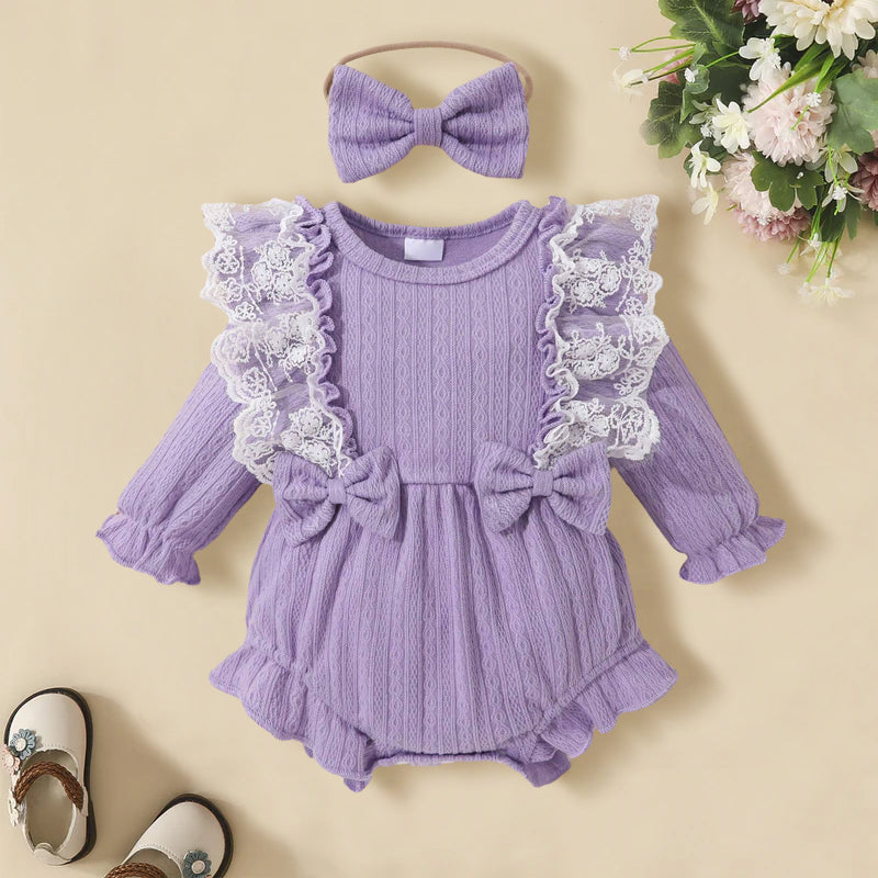 2PCS Lovely Solid Color Ruffles Decoration Lace Baby Girl Romper