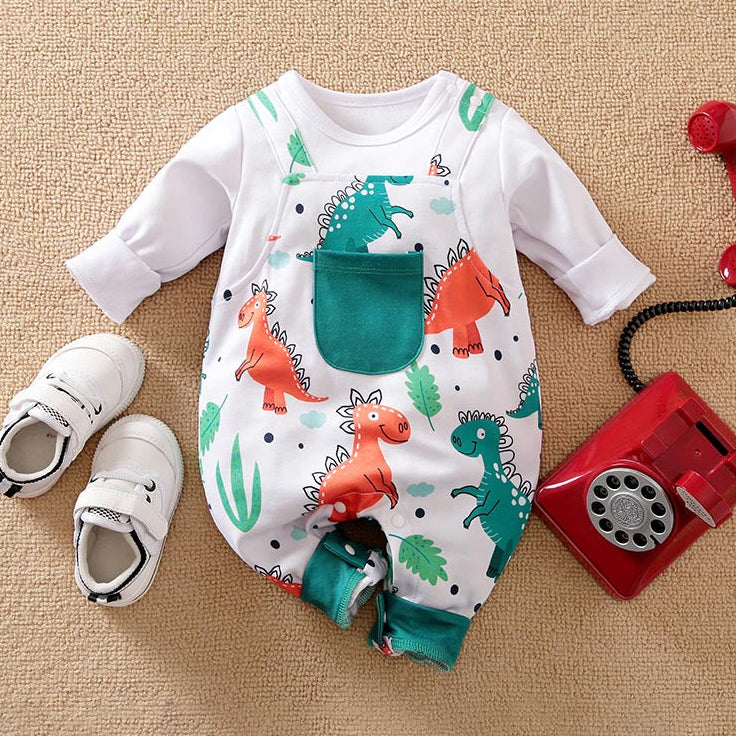 Lovely Cartoon Dinosaur Printed Long Sleeve Baby Jumpsuit