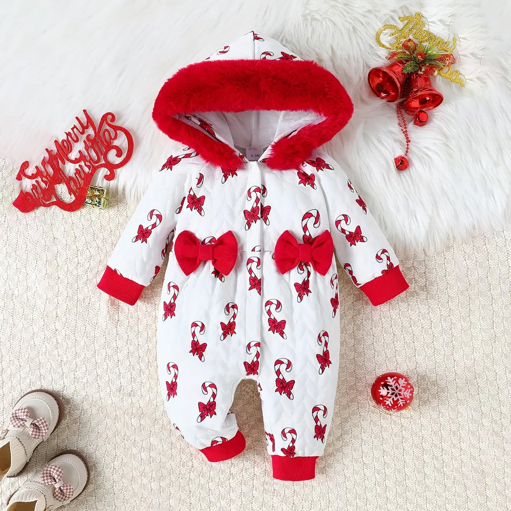 Stylish Candy Cane Printed Bow decoration Hooded Baby Jumpsuit