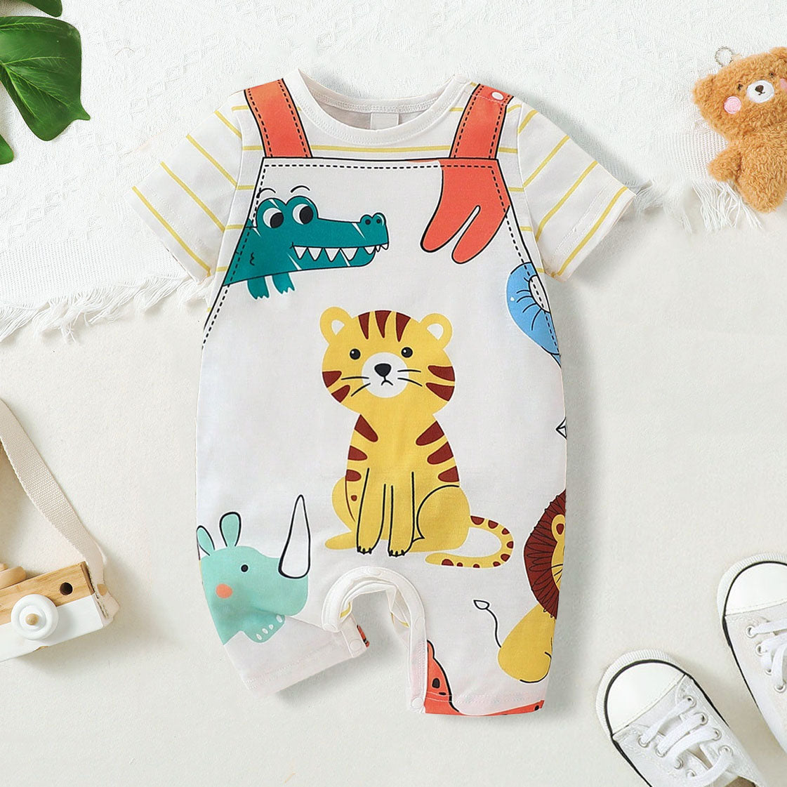 Casual Animal Print Short Sleeve Baby Jumpsuit