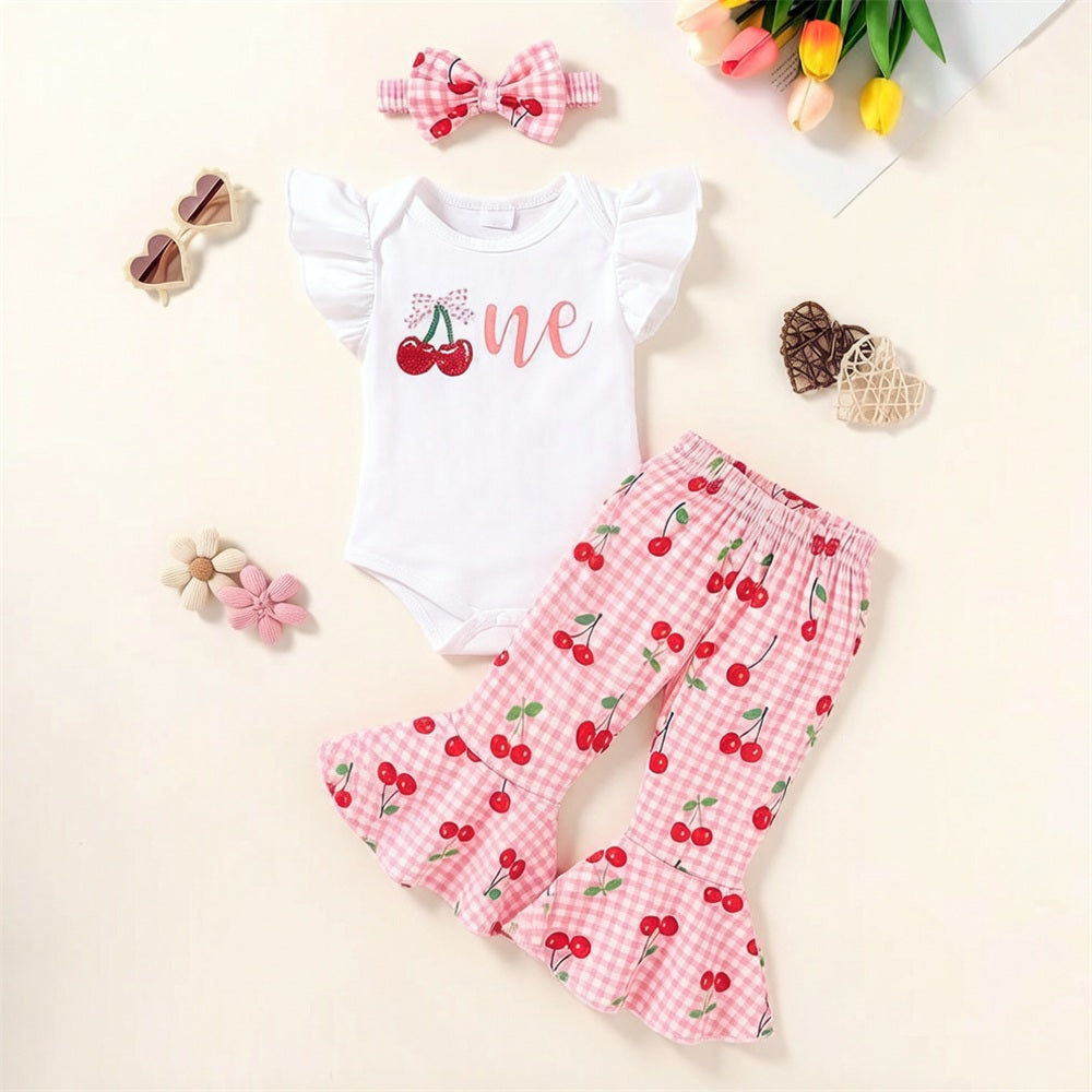 3PCS Pretty One Letter Cherry Plaid Printed Baby Set
