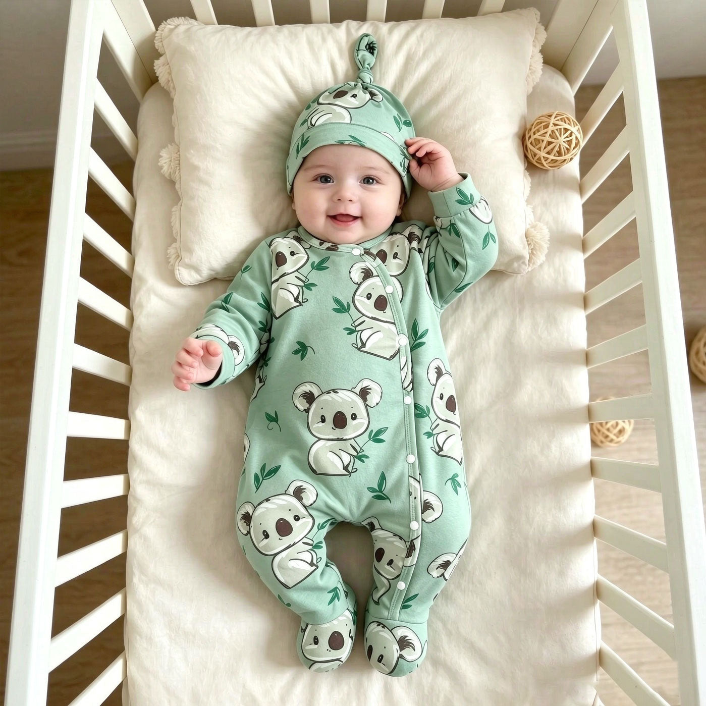 2PCS Casual Cute Koala Printed Long Sleeve Baby Jumpsuit