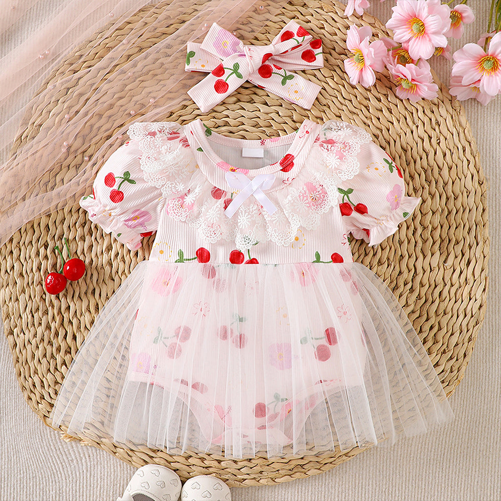 2PCS Adorable Cherry Print Tulle Short Sleeve Baby Romper