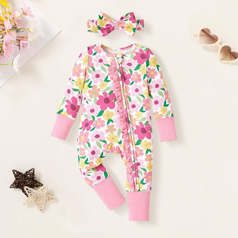 2PCS Floral Printed Zipper Bamboo Viscose Baby Jumpsuit