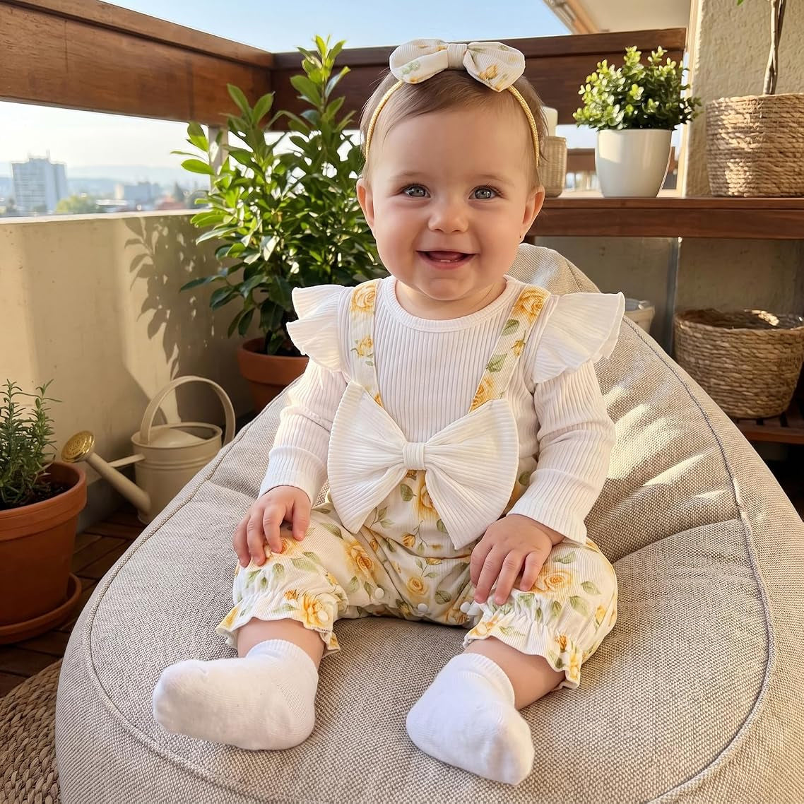 2PCS Cute Baby Girl Floral Printed Faux Two Piece Long Sleeve Jumpsuit