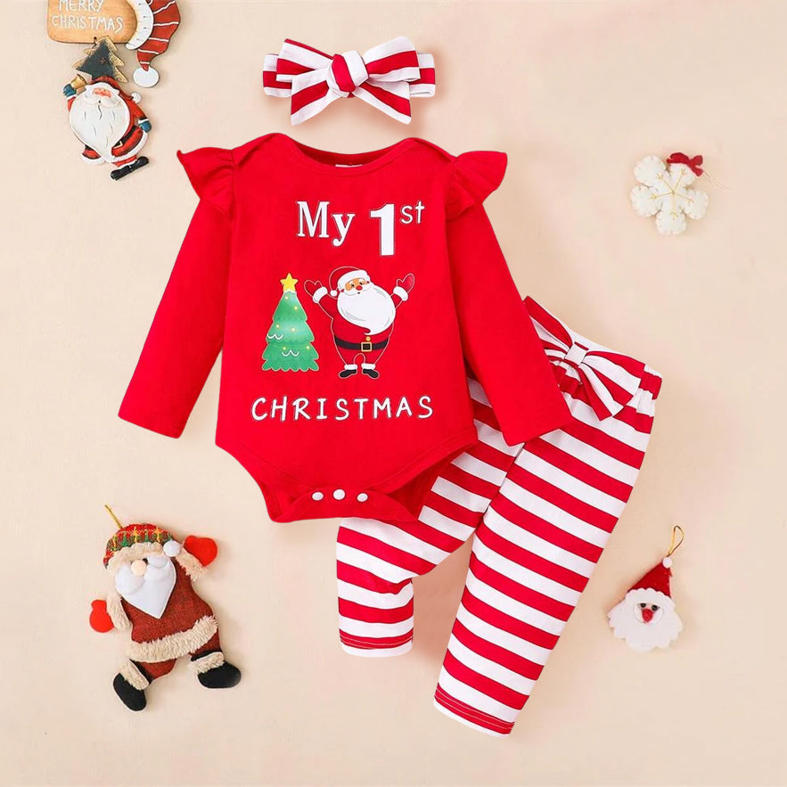 3PCS My 1st Christmas Letter Santa Claus Stripe Printed Baby Set