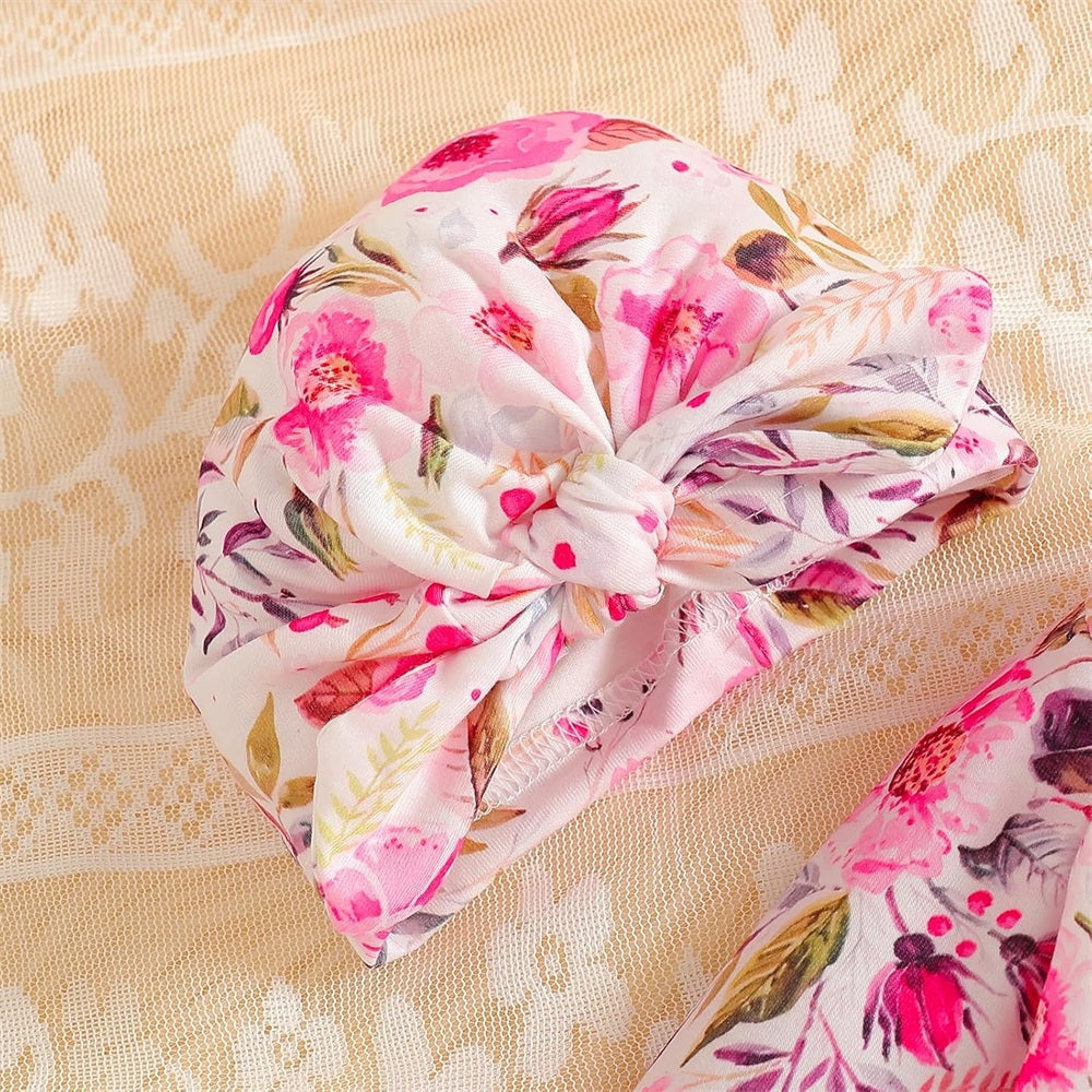 3PCS Sweet Floral Print Frill Long Sleeve Baby Jumpsuit