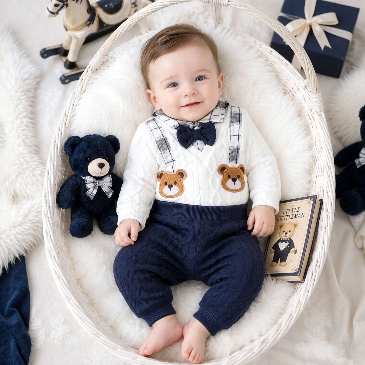 2PCS Cute Bear Applique Plaid Print Long Sleeve Baby Boy Set