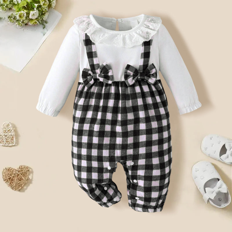 Lovely Doll Collar Plaid Printed Long Sleeve Baby Girl Jumpsuit