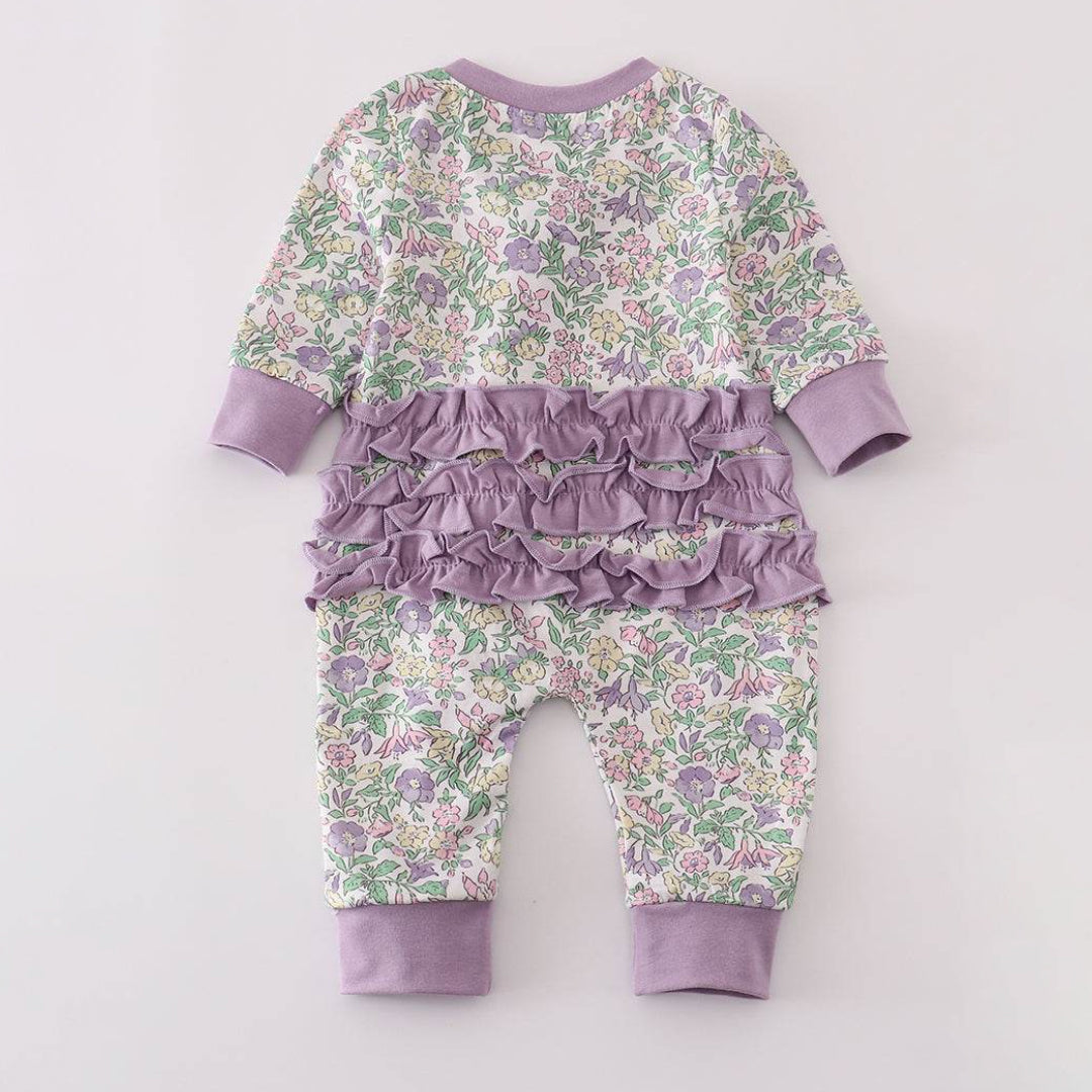 Floral Printed Long Sleeve Ruffle Zipper Baby Jumpsuit